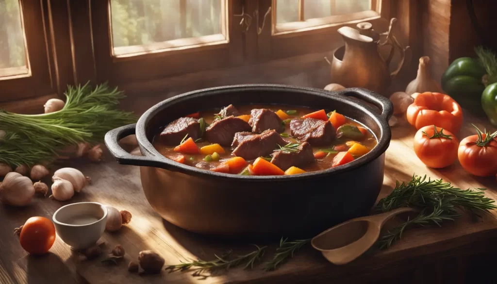 Panela de ferro fundido com ensopado de carne, vegetais frescos e alecrim sobre mesa de cozinha rústica iluminada pelo sol.