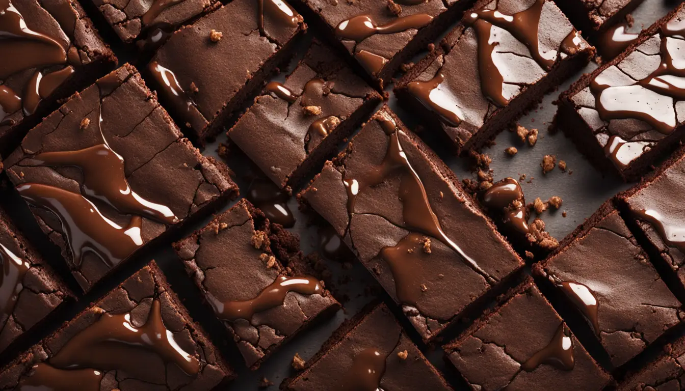 Brownie de chocolate recém-assado com superfície rachada sobre mesa de madeira iluminada por luz solar.