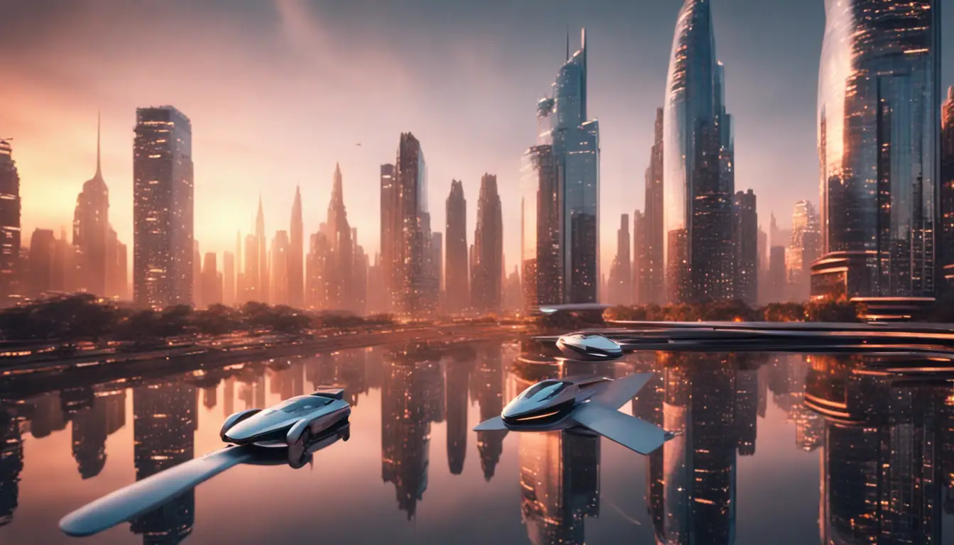 Paisagem urbana futurista ao crepúsculo com arranha-céus de vidro e aço refletindo o pôr do sol, carros voadores entre prédios.