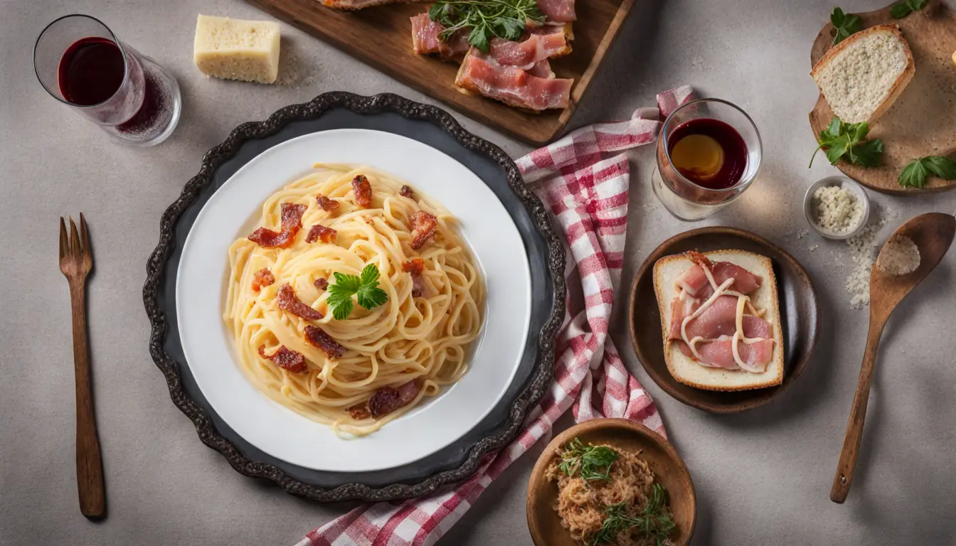 Espaguete à carbonara com bacon e queijo parmesão em um prato sobre uma mesa de madeira, com cozinha ao fundo.