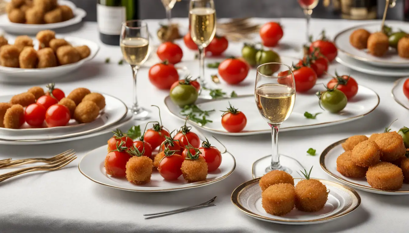 Mesa de madeira festiva com croquetes dourados, bruschettas de tomate vermelho e espetos de azeitona verde.